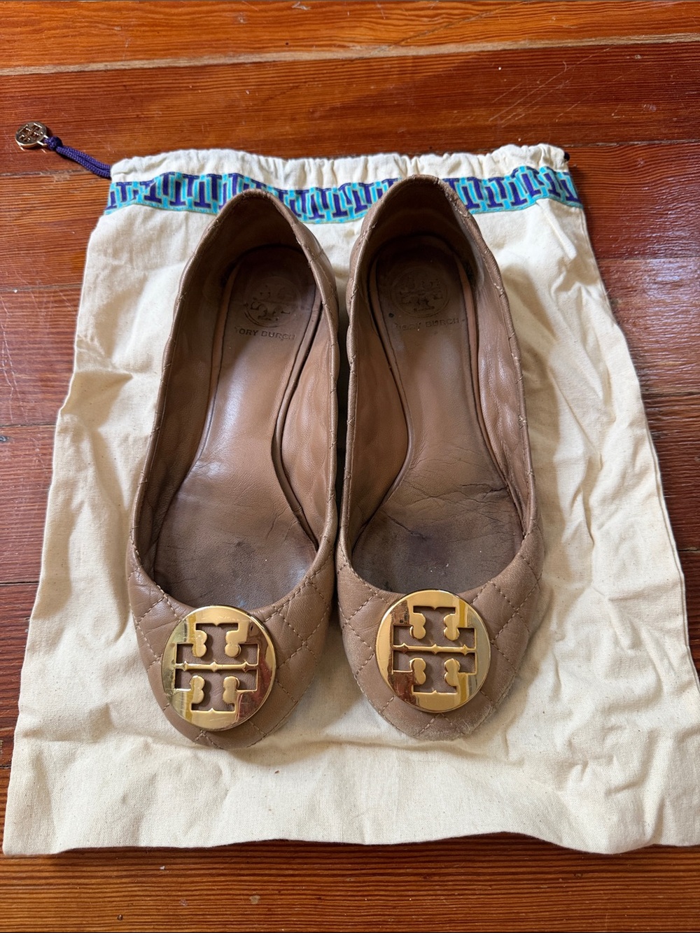 Tory Burch Tan Quilted Logo Cap-Toe Flats